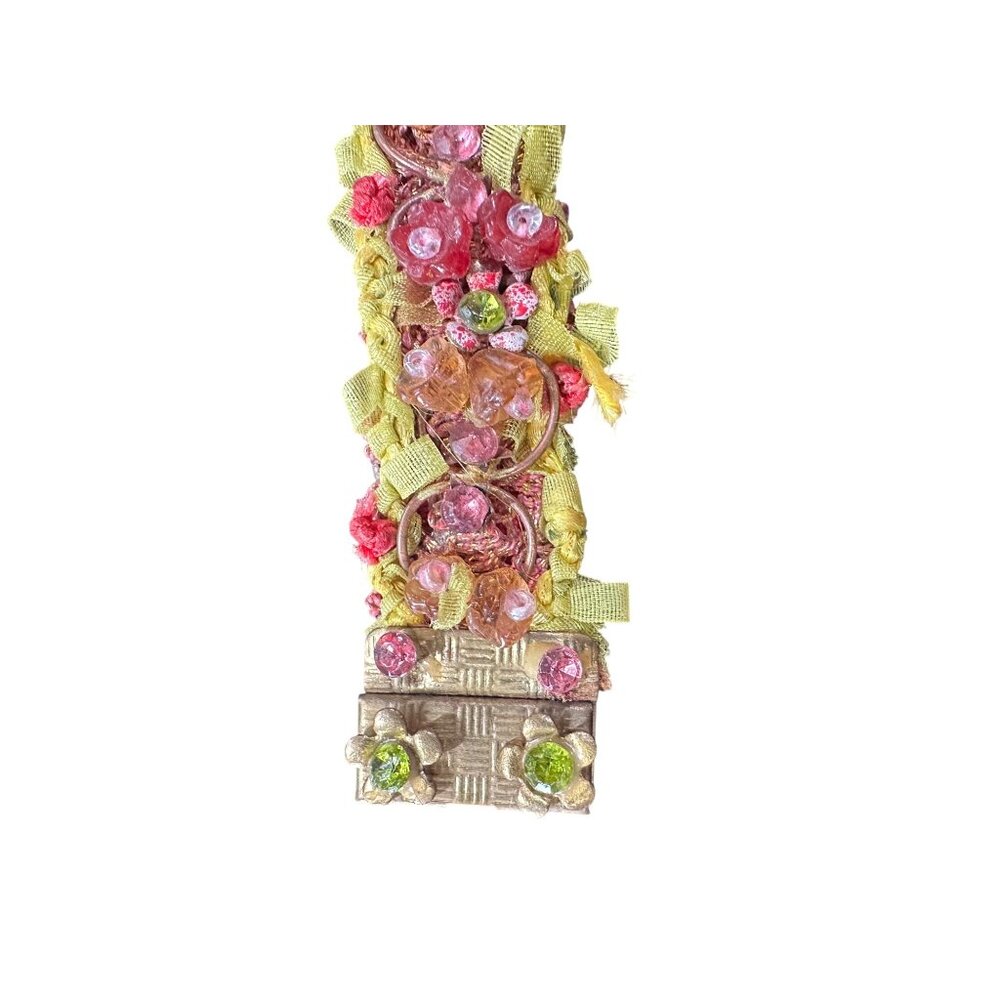 Vintage Beaded Bracelet With Brass Clasp Pink & Green Glass Beads Ribbon Details - Picture 2 of 10